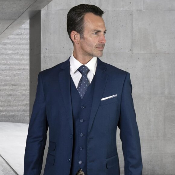 Mens 2 Button Modern Fit Vested Pick Stich Suit in Sapphire Blue - Picture 1 of 2